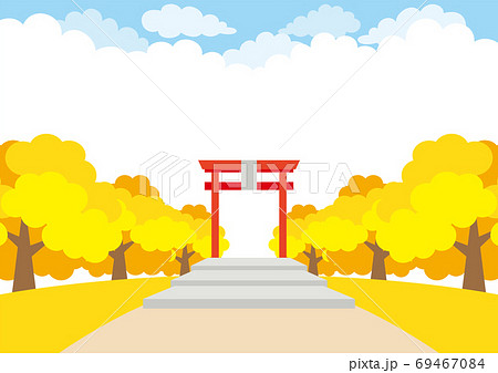秋の神社の風景のイラスト 日本 背景のイラスト素材
