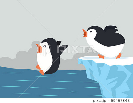 Cute Penguins Jumping On Iceberg Backgroundのイラスト素材