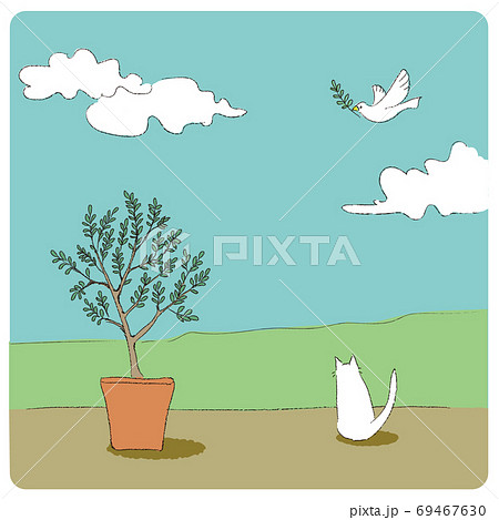 オリーブの木と鳥と猫のいる風景のイラスト素材