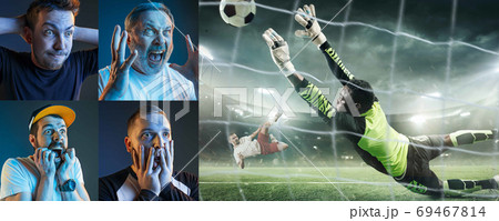Emotional friends or fans watching football, soccer match on TV, look excited. Fans support, championship, competition concept. Collage 69467814