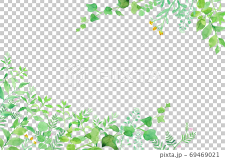 グリーンの草花の2隅装飾フレーム　水彩イラストのトレースベクター。 69469021