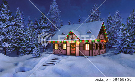 Solitary rural house decorated for Christmas night 69469350