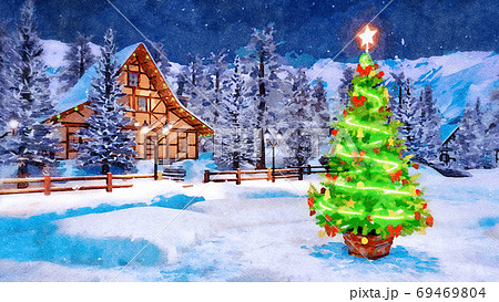 Decorated Xmas tree at winter night in watercolor 69469804