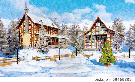 Xmas tree on snow covered town square watercolor 69469809