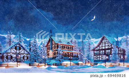 Mountain town at snowy winter night in watercolor 69469816