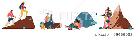 Set of hiking and trekking couples cartoon flat vector illustration isolated. Set of hiking and trekking couples cartoon flat vector illustration isolated. 69469902
