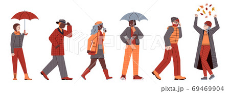 Multiracial people happy with autumn coming, flat vector illustration isolated. 69469904