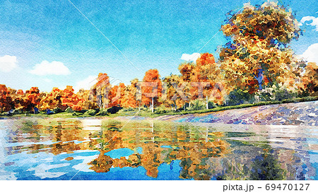 Autumn trees and calm lake watercolor landscape Autumn trees and calm lake watercolor landscape 69470127