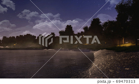 Shore of forest lake or pond at dark autumn night Shore of forest lake or pond at dark autumn night 69470313