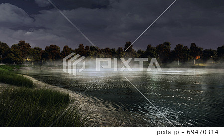 Shore of calm mystic forest lake or pond at dusk Shore of calm mystic forest lake or pond at dusk 69470314