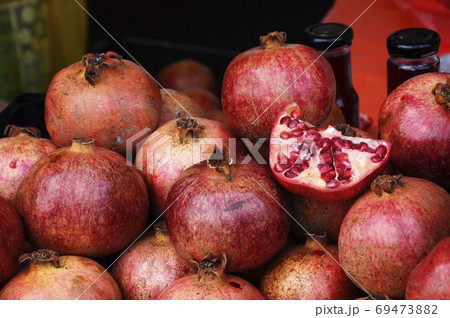 KUALA LUMPUR, MALAYSIA -JULY 23, 2017: Pomegranate is displayed for sale in the market 69473882
