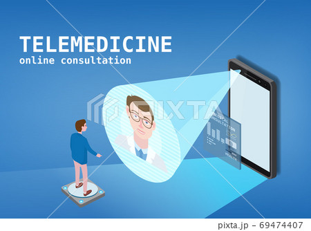 Telemedicine smartphone concept characters doctor and patient consultation diagnosis by internet. Online doctor service isometry. Vector illustration isolated 69474407