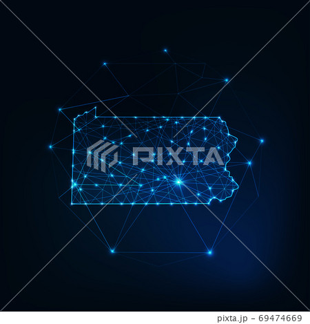 Pennsylvania state USA map glowing silhouette made of stars lines dots, low polygonal shapes. 69474669