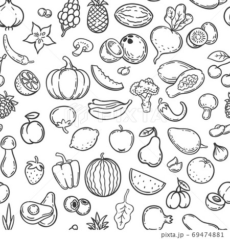 Vegetables and fruits. Hand drawn contour fruit and vegetable icons, vegan lifestyle, healthy organic food, doodle vector seamless pattern 69474881