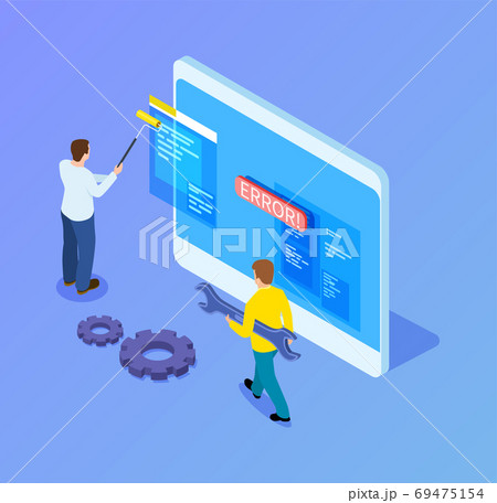 Isometric web developers. Programmers working with interface, mobile app upgrade. 3d tablet and it workers vector illustration Isometric web developers. Programmers working with interface, mobile app upgrade. 3d tablet and it workers vector illustration 69475154
