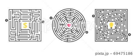 Labyrinth game. Fun maze, puzzle for leisure time. Find money love or idea. Life competition or search goal solution metaphor. Round and square isolated labyrinths vector illustration 69475186