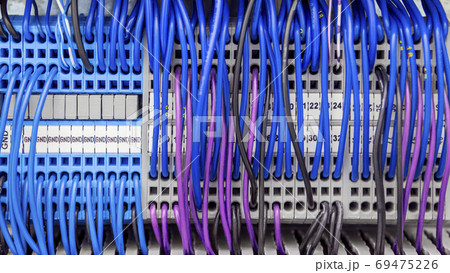 Terminal of control . Control panel assembly with many wires and terminal box, ground terminal,personal earth terminal 69475226