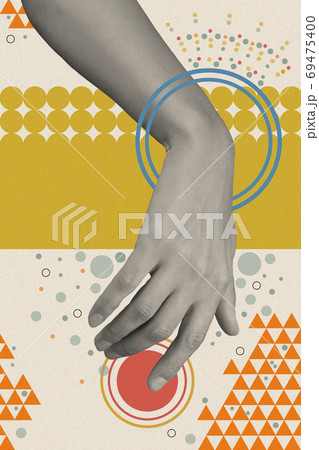 Art collage with human palm and creative elements, geometric shapes for posters, banners, wallpaper. Science, research, discovery, technology concept. Pop art. Zine culture. Fashion magazine style. 69475400