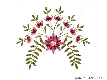 Embroidery of a red and pink Cornflower flower surrounded by buds and curved branches with leaves on a white background Embroidery of a red and pink Cornflower flower surrounded by buds and curved branches with leaves on a white background 69476415
