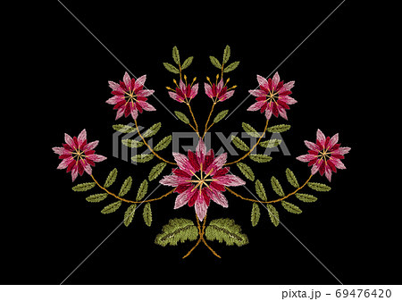 Embroidery of a bouquet of pink and red cornflowers on bent branches with green leaves on a black background Embroidery of a bouquet of pink and red cornflowers on bent branches with green leaves on a black background 69476420