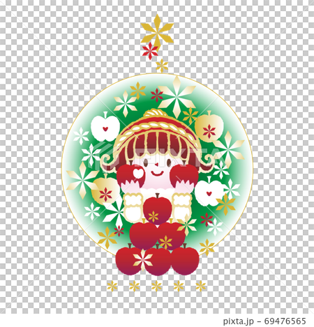 りんごのクリスマスツリーと女の子_背景緑 りんごのクリスマスツリーと女の子_背景緑 69476565