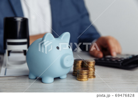 Piggy bank and coins on desk in office. Save money and management financial concept 69476828