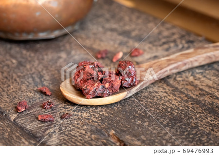 Croton lechleri, or sangre de drago resin on a table 69476993