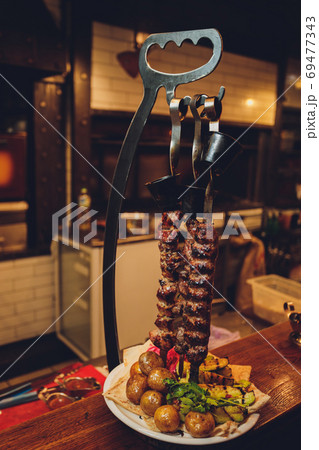 Grilled vegetables platter. Summer snack, grill bar, tasty barbecue menu for weekend party, picnic food. Grilled vegetables platter. Summer snack, grill bar, tasty barbecue menu for weekend party, picnic food. 69477343
