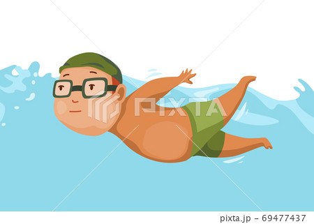 Children swimming in pool. Cheerful and active little boy swimming in pool. Boy in swimwear are swimming in a children pool. Underwater view 69477437