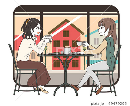 カフェで友達と過ごす女性 町並み窓枠付きのイラスト素材 [69479296