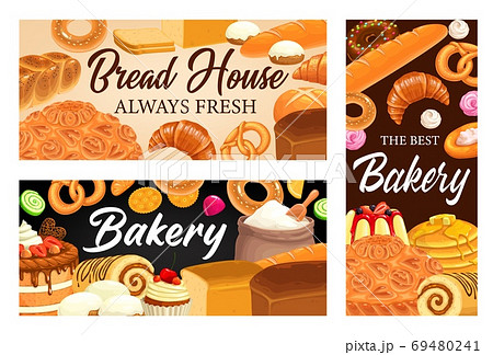 Bakery shop, bread house cartoon vector banners 69480241