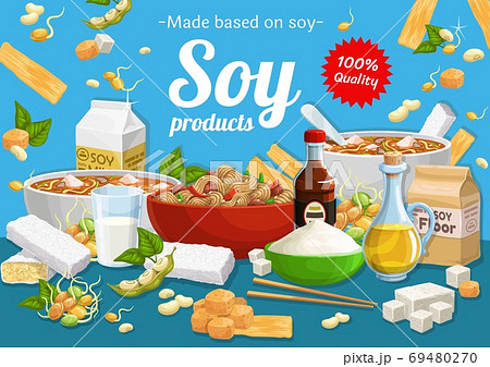 Soy products and soybean food vector poster Soy products and soybean food vector poster 69480270