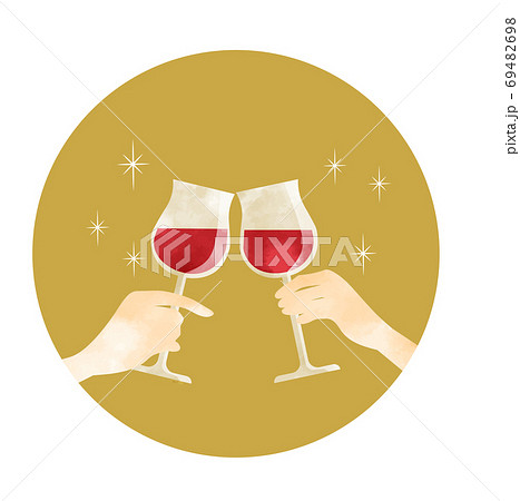 赤ワインで乾杯 ワイングラスを傾ける手 コースター型のイラスト素材