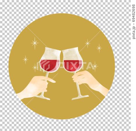 Toast with red wine, hand tilting the wine glass, coaster type 69482698