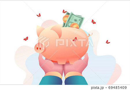Big hands of CEO of head are holding piggy bank with money. Conc 69485409