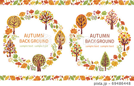 秋の紅葉 落ち葉 丸フレーム セットのイラスト素材