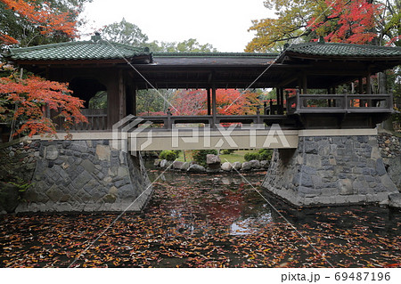 紅葉の時期の白雲橋 名古屋市覚王山 揚輝荘 の写真素材