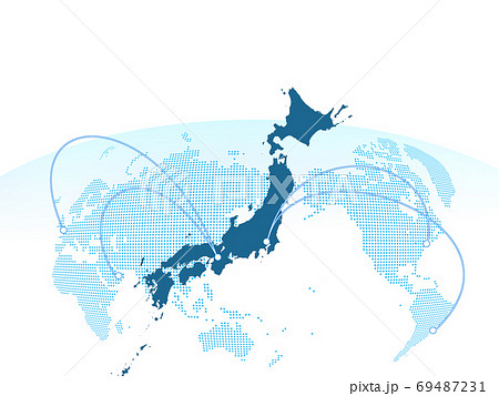 白をバックにドットの世界地図と日本地図を配して余白を作りグローバルなイメージのイラスト素材