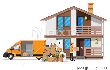 Moving to new house. Family relocated to new home. 69487341