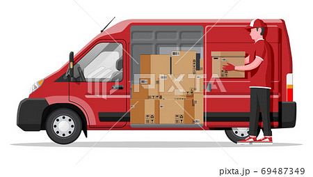 Delivery van full of cardboard boxes isolated 69487349