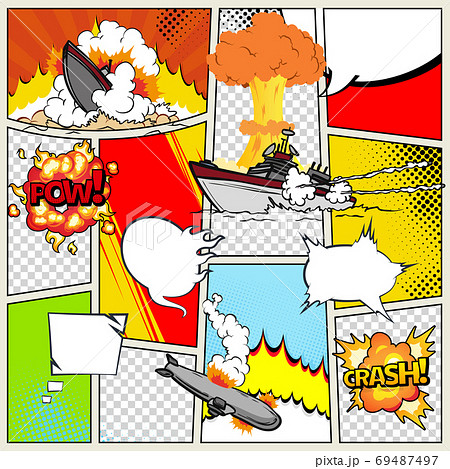 Template comic book page with warships. Comic book page divided by lines with speech bubbles and sounds effect. Military pop art ships that explode. Vector retro background mock-up 69487497
