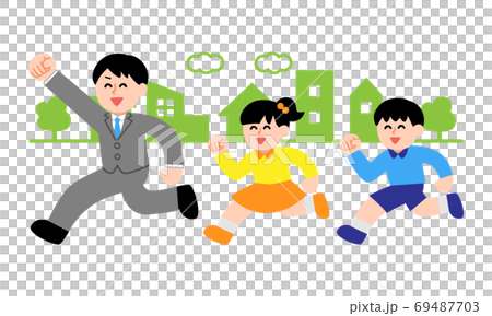 街中を走るスーツ男性と男の子女の子 シンプルカラー のイラスト素材