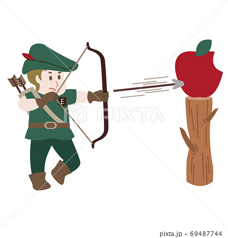 ロビンフットがリンゴを射抜いているのイラスト素材