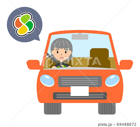 高齢者マークで赤い自動車を運転する女性のベクターイラストのイラスト素材