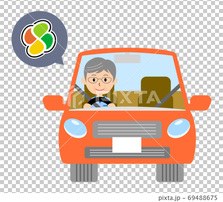 Vector illustration of a man driving a red car with a senior citizen mark 69488675