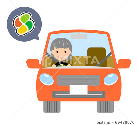 高齢者マークで赤い自動車を運転する女性のベクターイラスト 高齢者マークで赤い自動車を運転する女性のベクターイラスト 69488676
