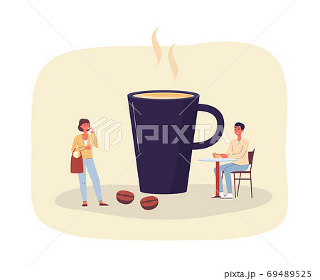 Tiny modern people characters near coffee mug flat vector illustration isolated. Tiny modern people characters near coffee mug flat vector illustration isolated. 69489525