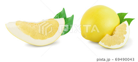 pomelo with slice and leaf isolated on white background. Set or collection pomelo with slice and leaf isolated on white background. Set or collection 69490043