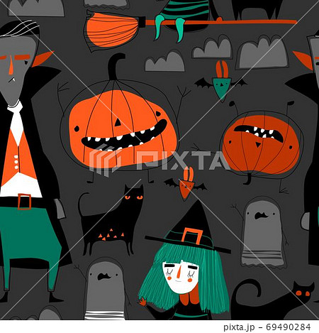 Seamless pattern with Halloween characters on gray background Seamless pattern with Halloween characters on gray background 69490284