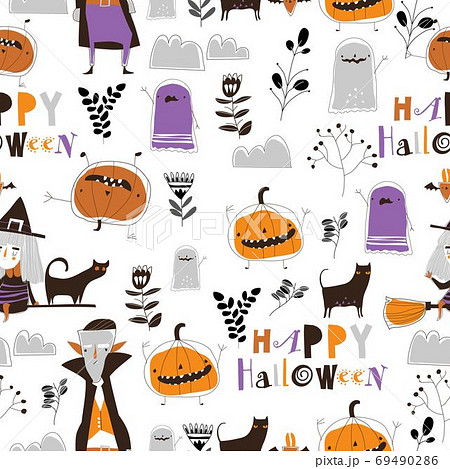 Seamless pattern with Halloween characters on white background Seamless pattern with Halloween characters on white background 69490286